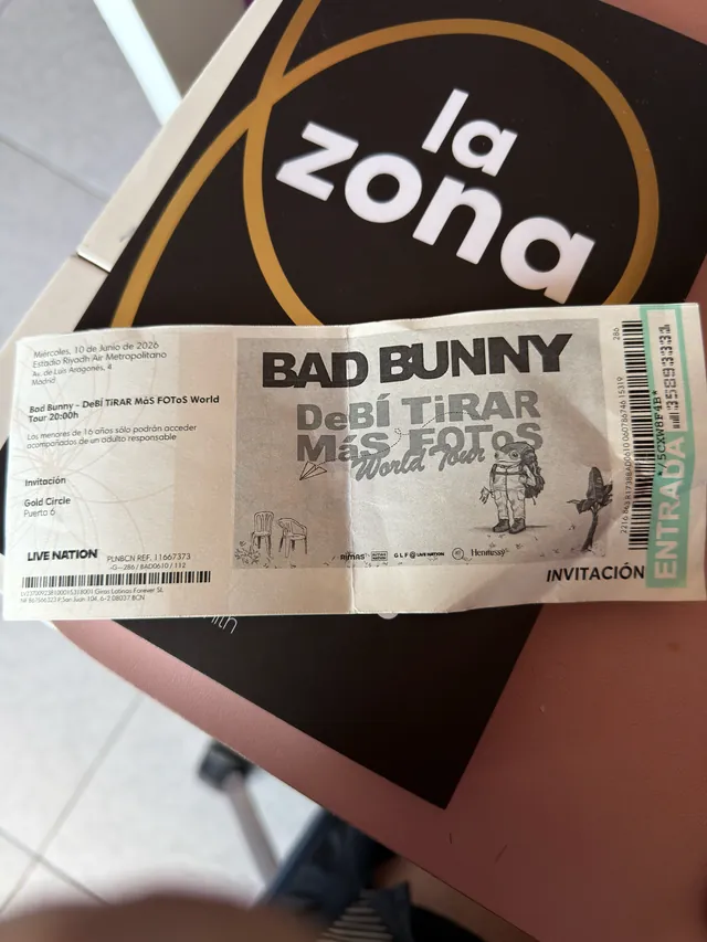 Entrada de invitación Gold Circle para el concierto de Bad Bunny en el Estadio Metropolitano de Madrid, el 10 de junio de 2026