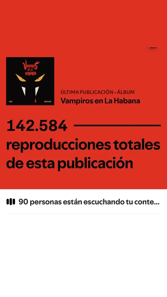 Spotify for Artists del álbum «Vampiros en La Habana» de Mhylo y Macuto Music: 142.584 reproducciones y 90 personas escuchándolo en ese momento
