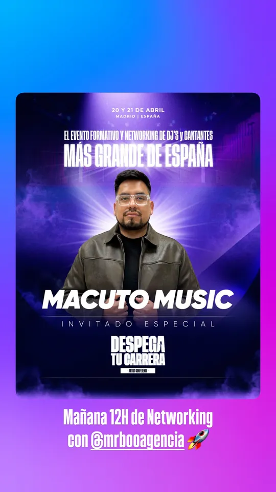 Historia de Instagram: cartel de «Despega tu carrera», el evento formativo y de networking para DJs y cantantes del 20 y 21 de abril en Madrid, con Macuto Music como invitado especial