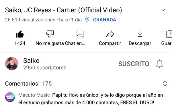 Videoclip oficial en YouTube con 26.519 visualizaciones y 1.424 Me gusta al día siguiente de su estreno, y un comentario de Macuto Music
