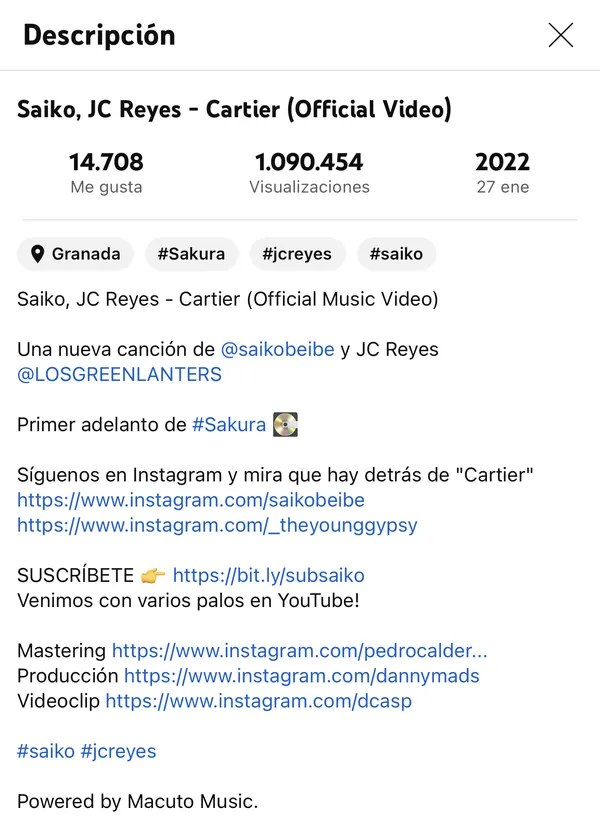 Descripción de un videoclip oficial en YouTube: 14.708 Me gusta, 1.090.454 visualizaciones y el crédito «Powered by Macuto Music»
