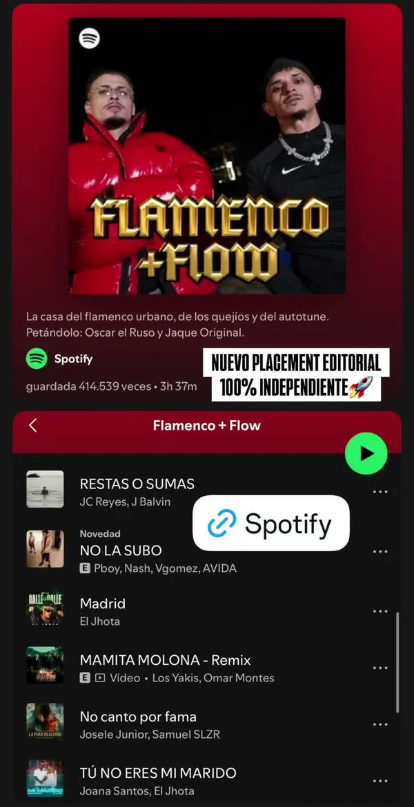 Playlist editorial Flamenco + Flow de Spotify con un tema del roster