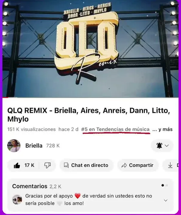 Vídeo de un remix en YouTube con la etiqueta #5 en Tendencias de música
