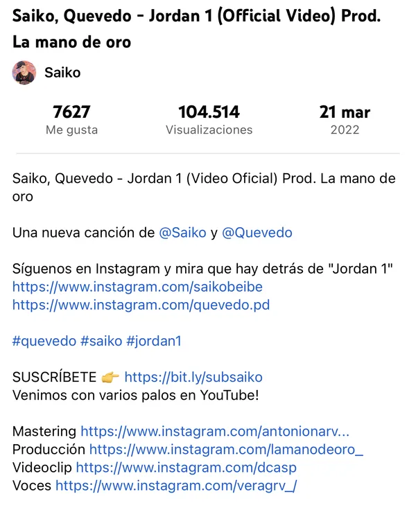 Descripción de un videoclip oficial en YouTube el día de su estreno: 7.627 Me gusta y 104.514 visualizaciones