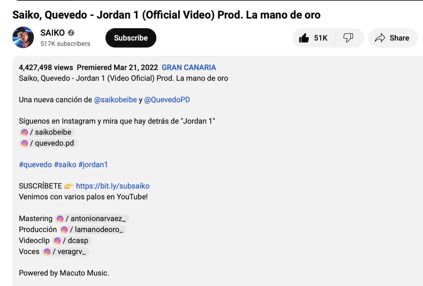 Vídeo oficial Jordan 1 de Saiko y Quevedo en YouTube con 4,4 millones de visitas y crédito Powered by Macuto Music