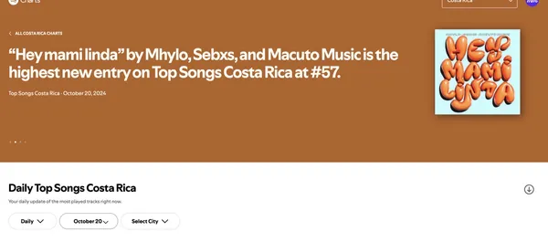 Banner oficial de Spotify Charts: Hey mami linda, entrada más alta del día en Top Songs Costa Rica