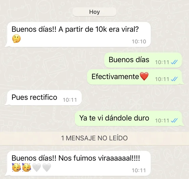 Conversación de WhatsApp: el artista pregunta «A partir de 10k era viral?», le contestamos «Efectivamente» y por la mañana escribe «Buenos días!! Nos fuimos viraaaaal!!!!»